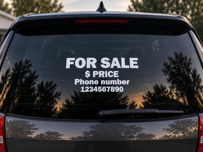 Custom For Sale Car Window Sticker – Personalised Price & Phone Number